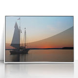 Art Deco poster of Maine scenery in muted blue and green tones on framed acrylic, suitable for modern nursery decor.