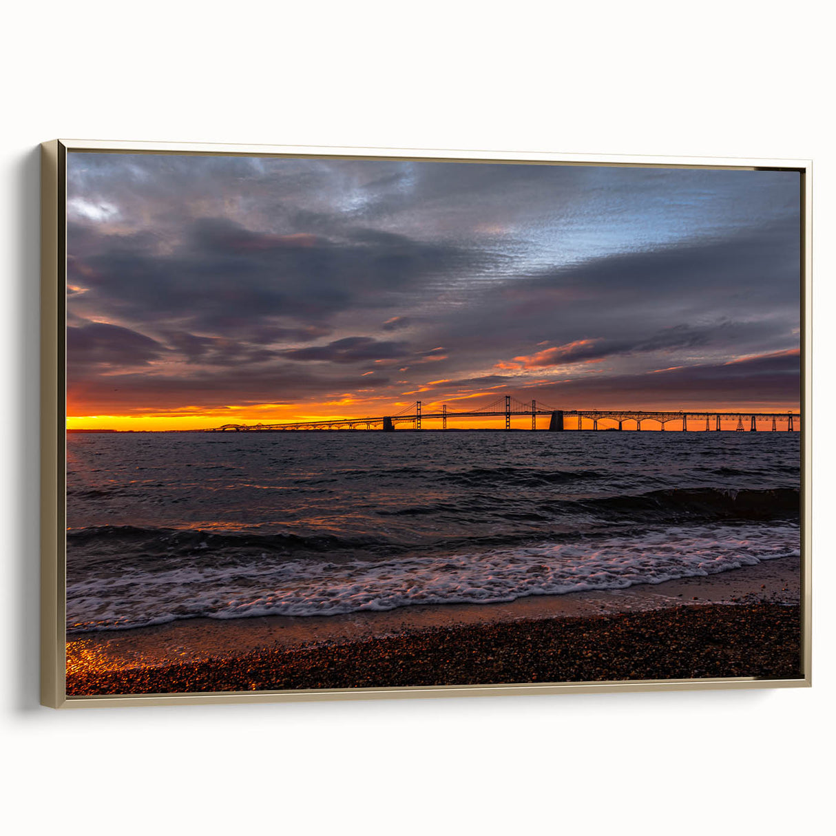 Framed canvas featuring a vintage-style landscape of Annapolis, Maryland in black and gold tones, ideal for bedroom wall art.