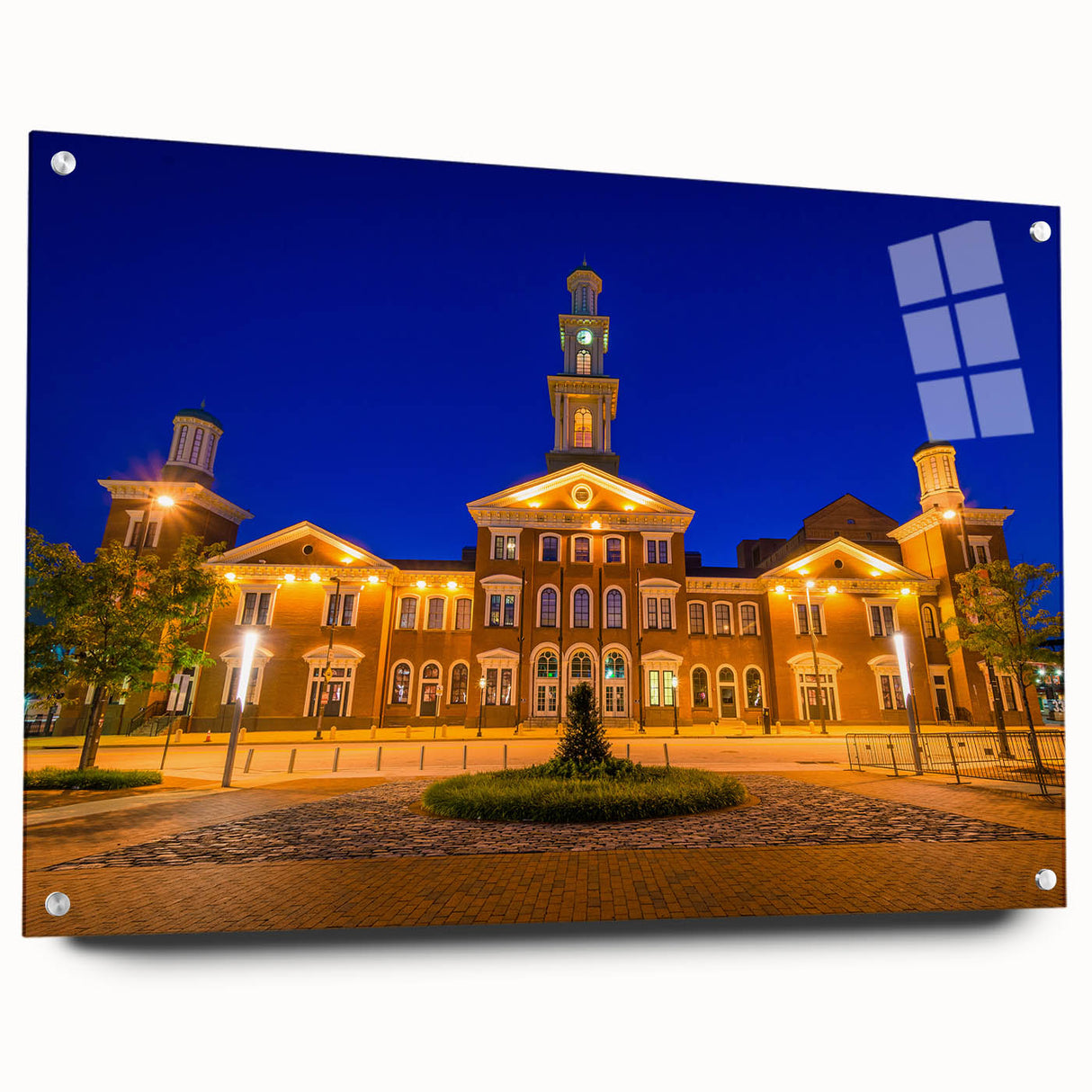 Acrylic print of Baltimore skyline in muted blue and gray tones, suitable for bedroom or dining room decor.