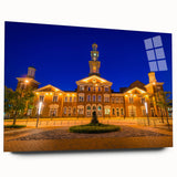 Large abstract depiction of Baltimore skyline in blues and grays on acrylic glass, suitable for bedroom or dining room art.