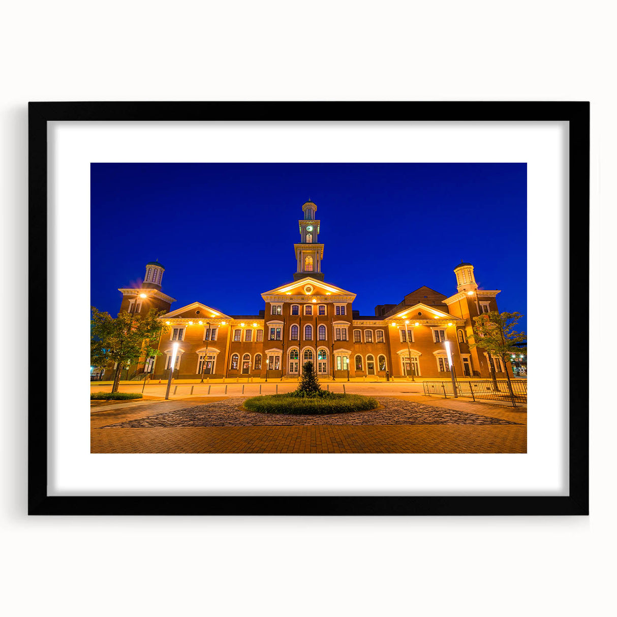 Extra large abstract art print of Baltimore skyline in colorful, textured style on a black framed canvas.