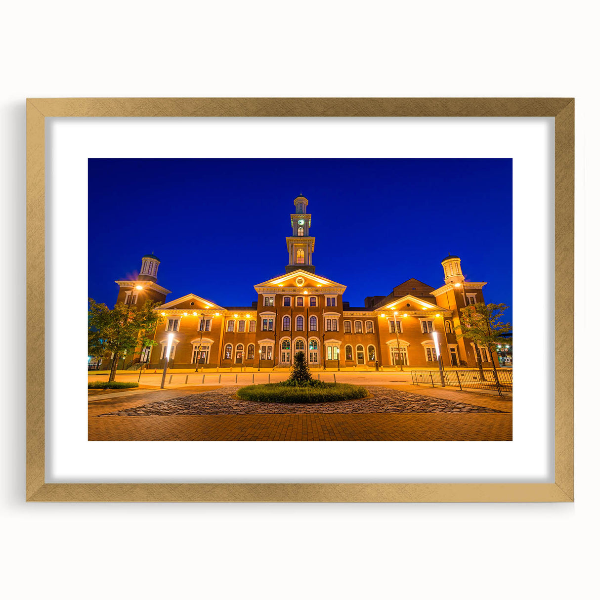 Extra large abstract art print of Baltimore skyline in textured gold frame, ideal for living room decor.