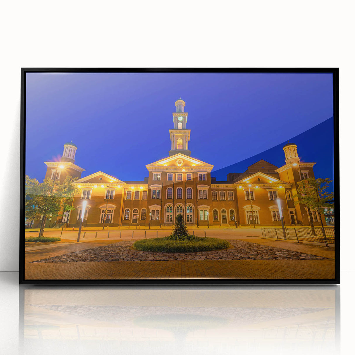 Large abstract wall art depicting the Baltimore skyline in muted gray and blue tones, framed in black acrylic.