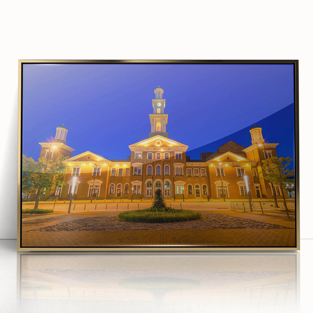 Framed acrylic print of Baltimore skyline in muted gold and blue tones, suitable for modern art wall decor.