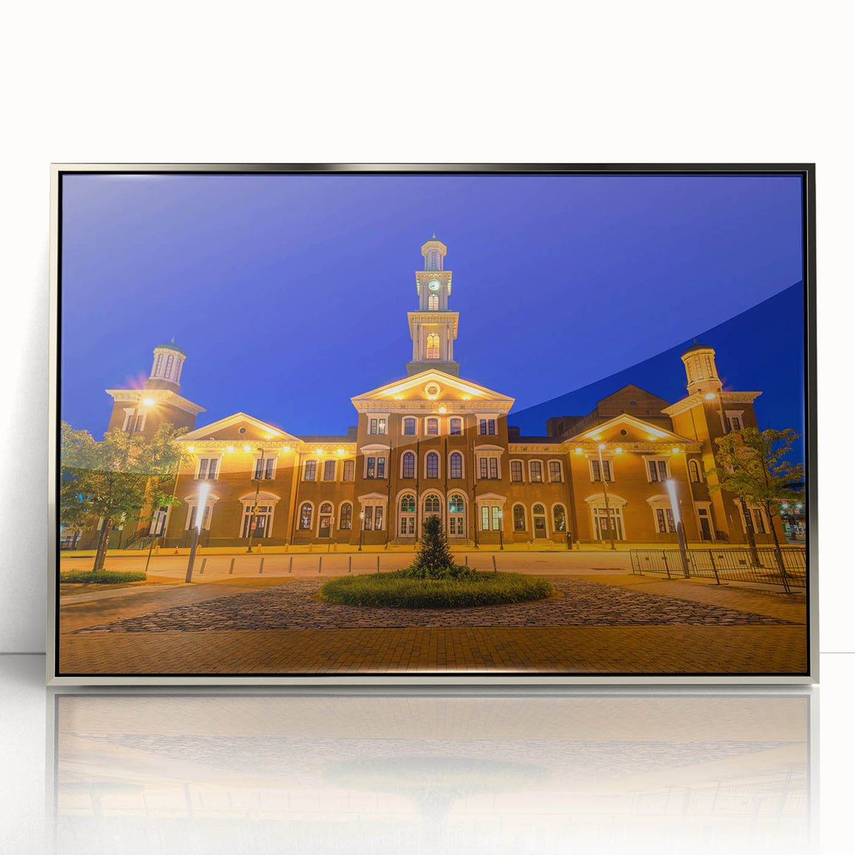 Mid-century modernist art depicting Baltimore skyline in muted gray and blue tones on a framed acrylic print.