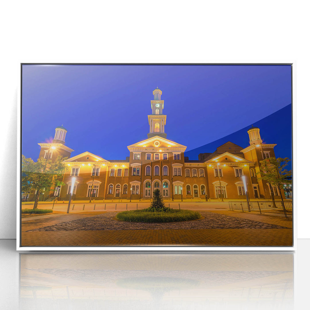 Acrylic print of Baltimore scenery featuring art deco style with muted blue tones, ideal for modern nursery wall art.