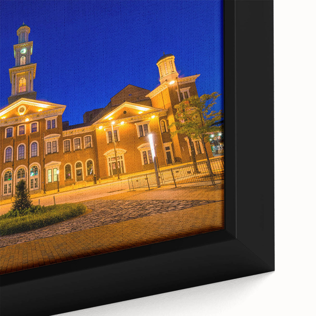 Extra large framed canvas of Baltimore scenery in black with colorful, textured art elements, ideal for living room decor.