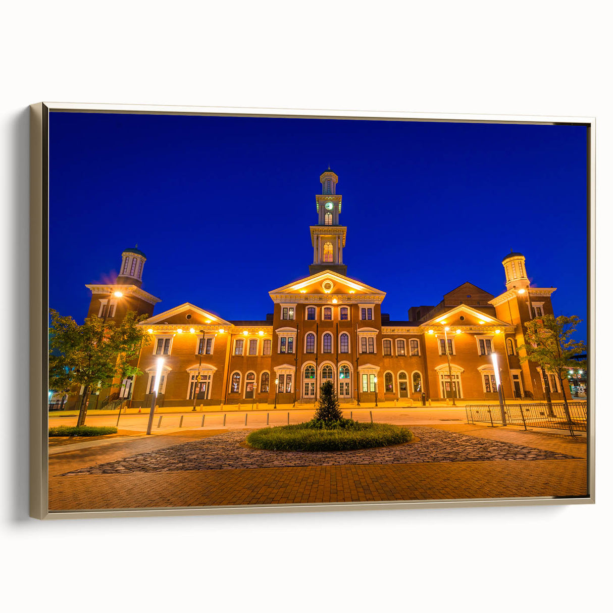 Framed canvas of vintage Baltimore landscape in black and gold tones, ideal for bedroom wall art.