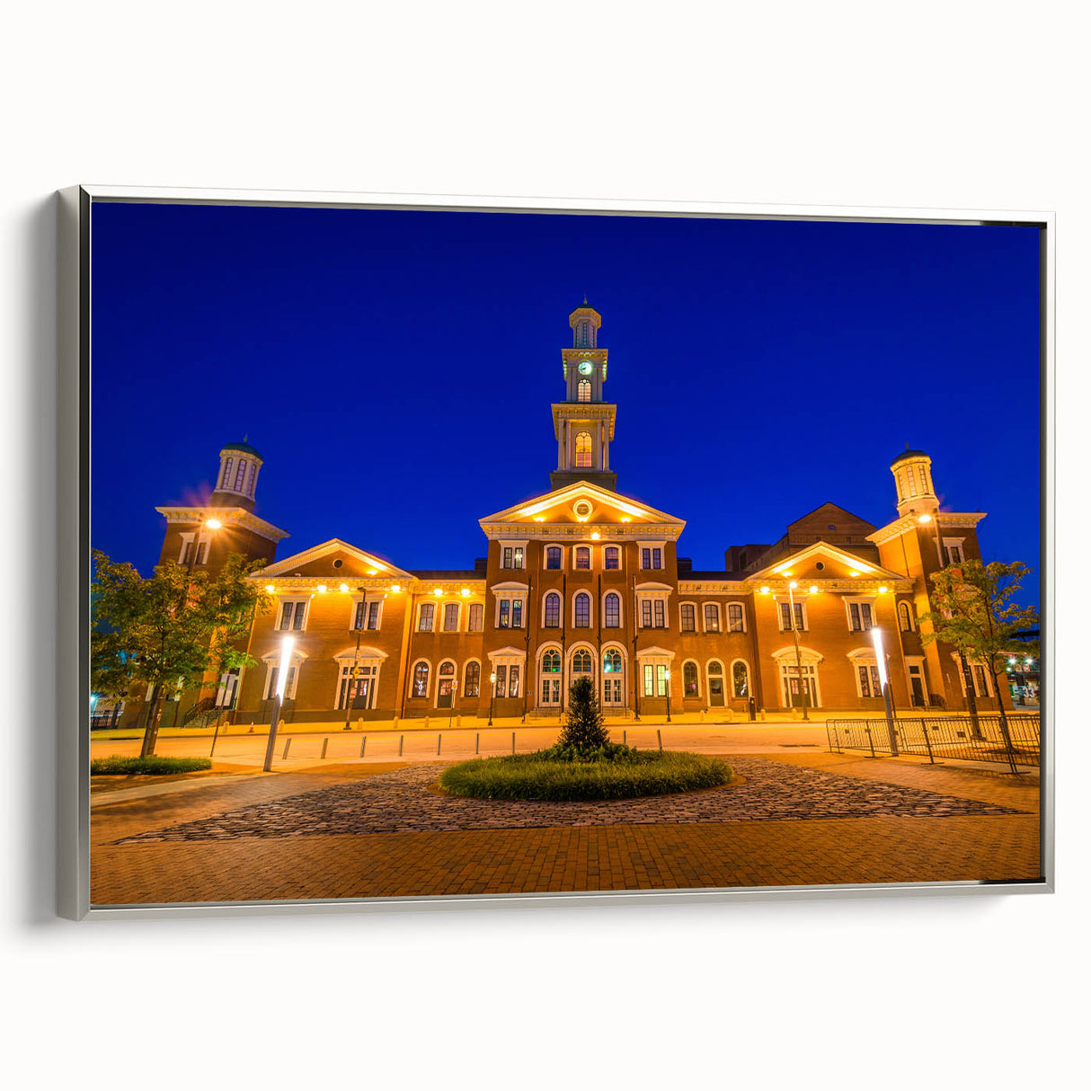 Framed canvas of Baltimore landscape with colorful art in a vintage poster style, ideal for modern living room decor.