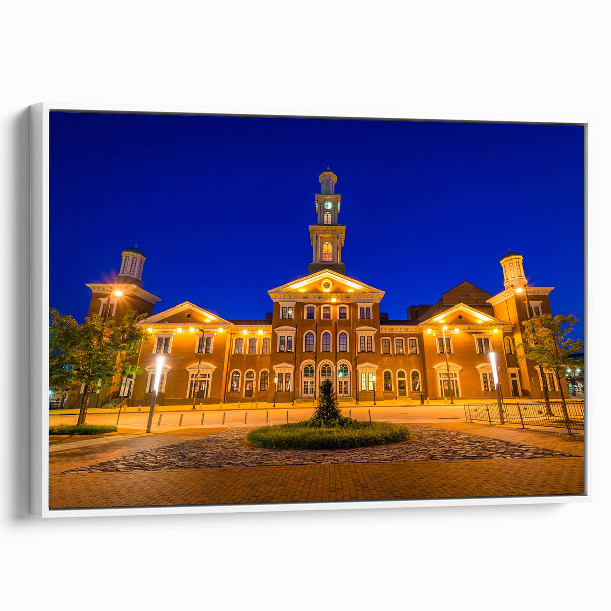 Vintage poster art of Baltimore skyline in colorful hues on a large framed canvas, suitable for living room decor.