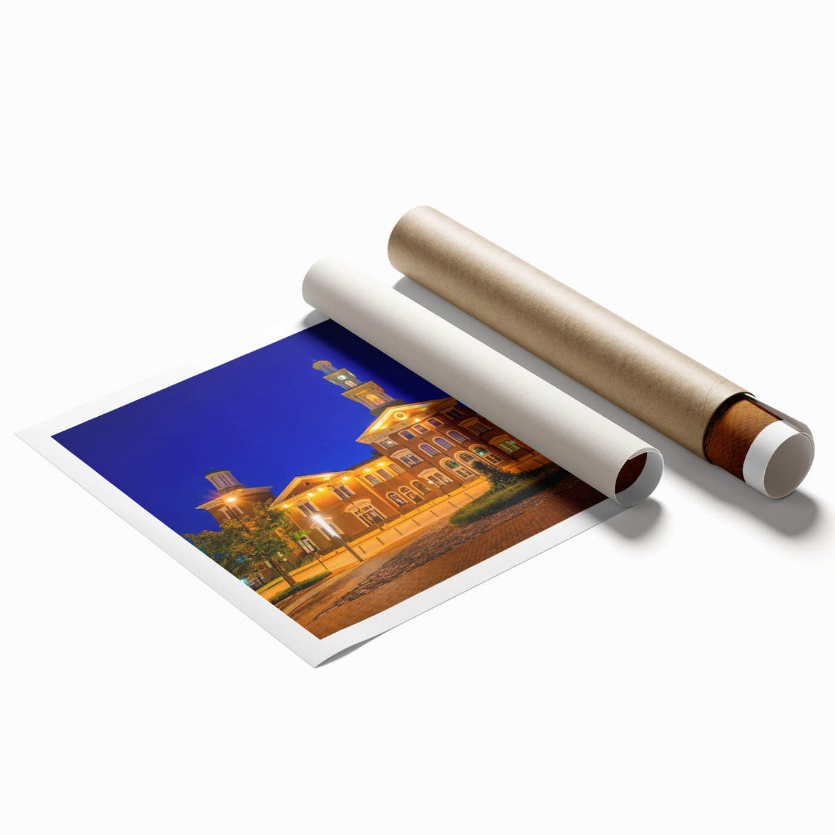 Extra large rolled print of Baltimore scenery with floral accents in pastel shades, ideal for classy bathroom wall art.