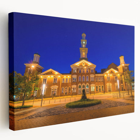 Large art print of Baltimore skyline in muted blue and gray tones on stretched canvas, suitable for kitchen wall art.