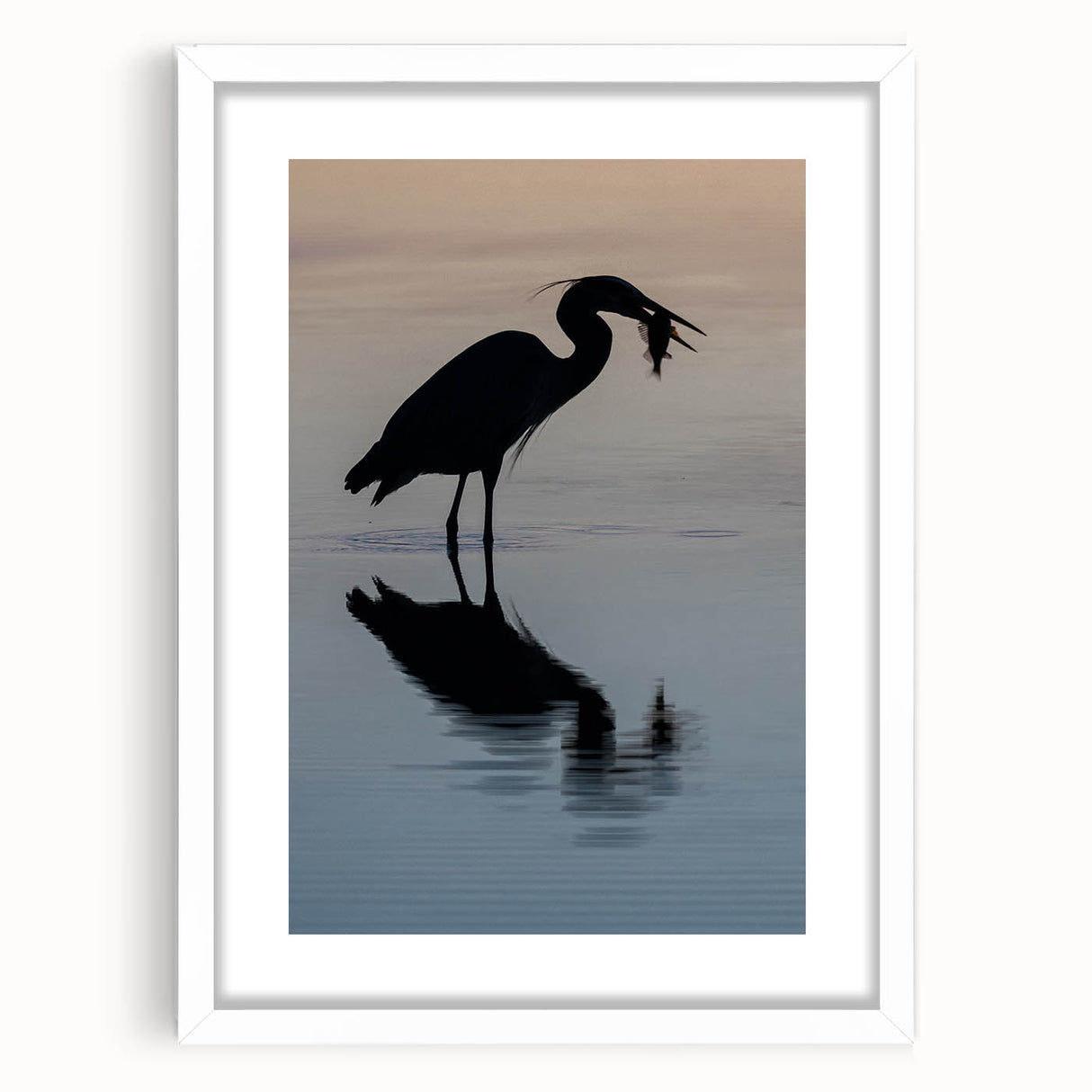 Abstract art print of Chesapeake Bay with muted blue and green tones, framed in white, ideal for dining room decor.