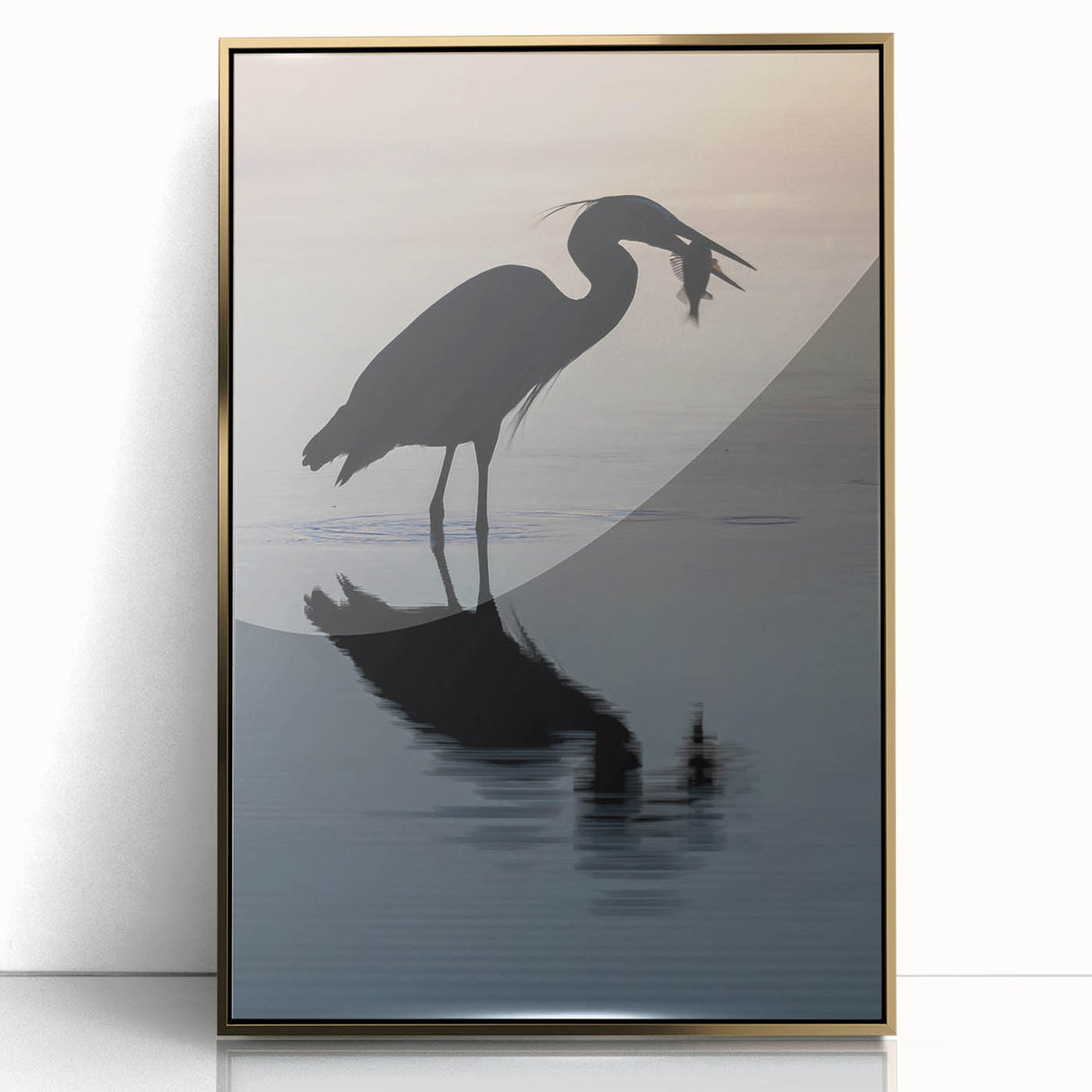 Large art print of Chesapeake Bay on a framed acrylic, featuring mid-century modernist style with gold tones.