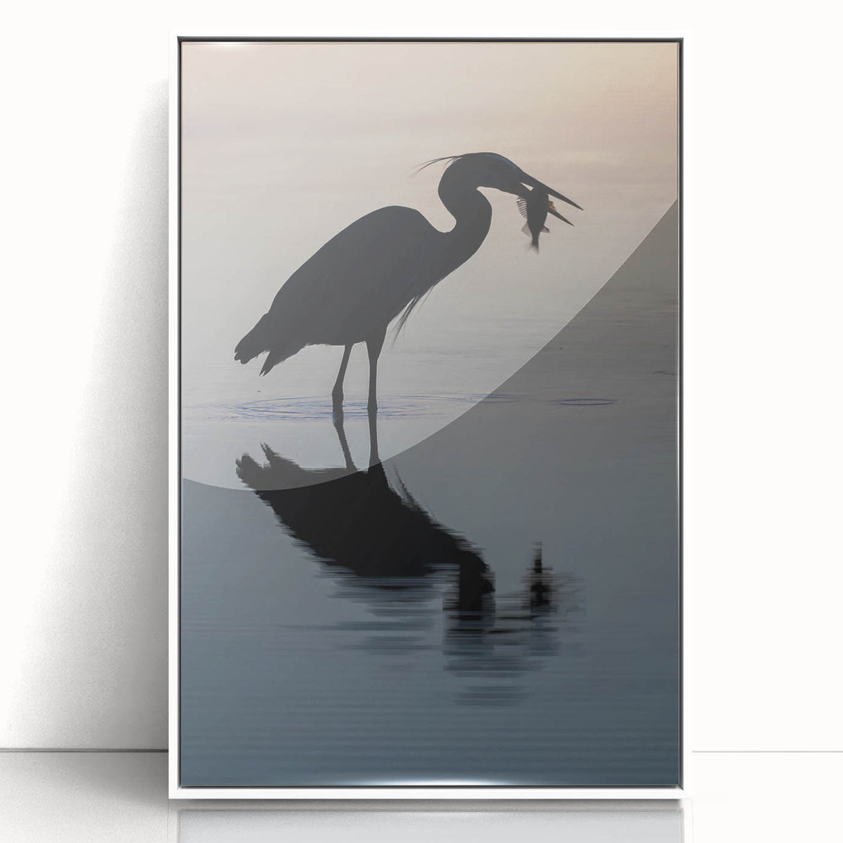 Art deco poster of Chesapeake Bay in muted blue tones, framed in white acrylic, suitable for modern nursery decor.