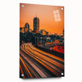 Acrylic print of a large abstract depiction of Boston’s skyline in muted blue and gray tones.