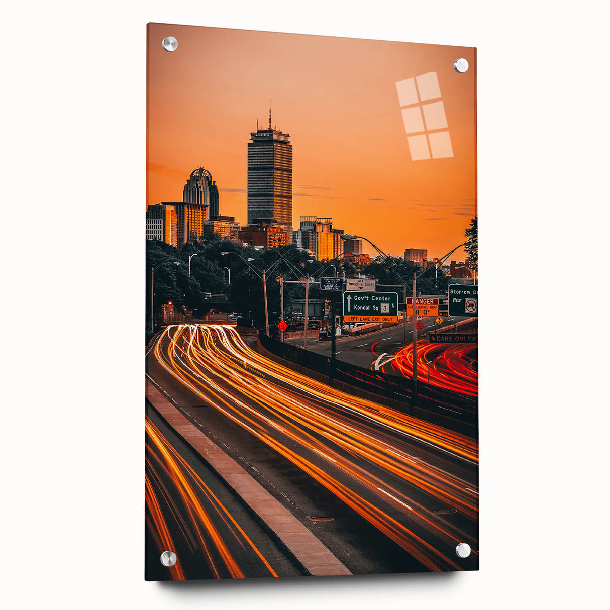 Acrylic print of a large abstract depiction of Boston’s skyline in muted blue and gray tones.