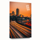 Large abstract depiction of Boston skyline in muted blue and gray tones on acrylic glass.