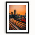 Colorful abstract art print of Boston skyline, textured on large canvas, suitable for living room decor.