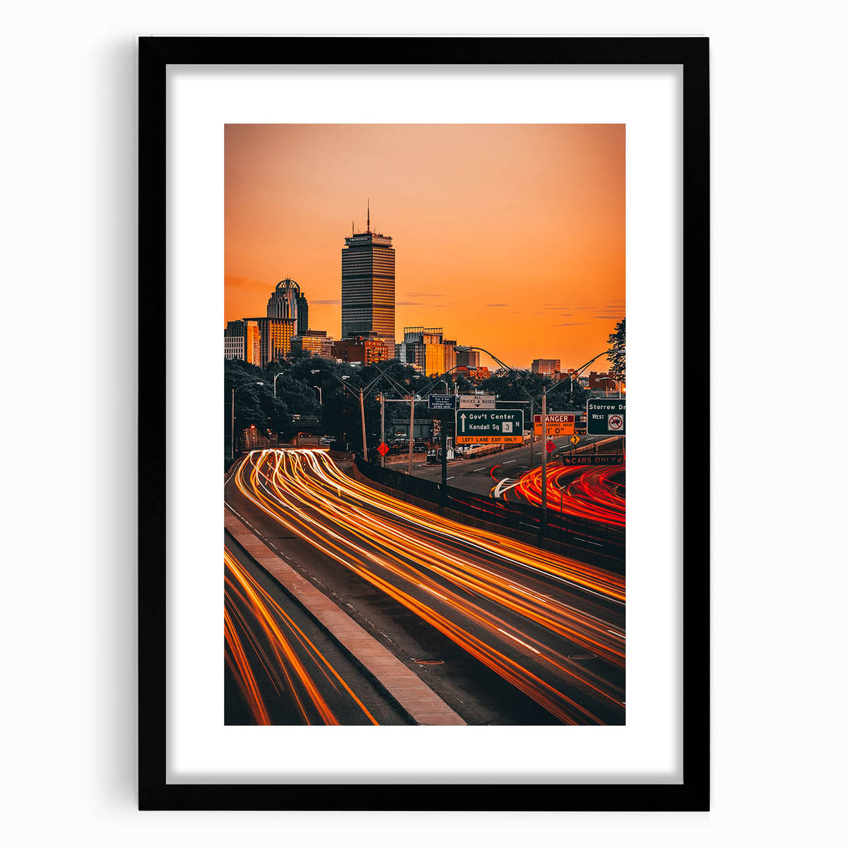 Colorful abstract art print of Boston skyline, textured on large canvas, suitable for living room decor.