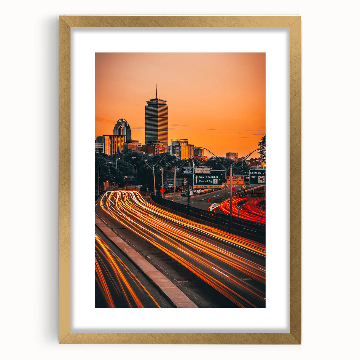 Extra large abstract art print of Boston skyline in muted gray and blue tones, framed in gold, ideal for living room decor.