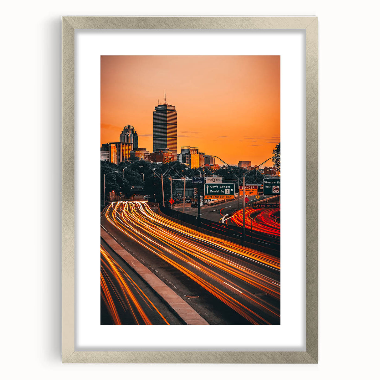 Textured art print of Boston skyline in muted blue and gray tones on a framed canvas, ideal for modern bedroom decor.