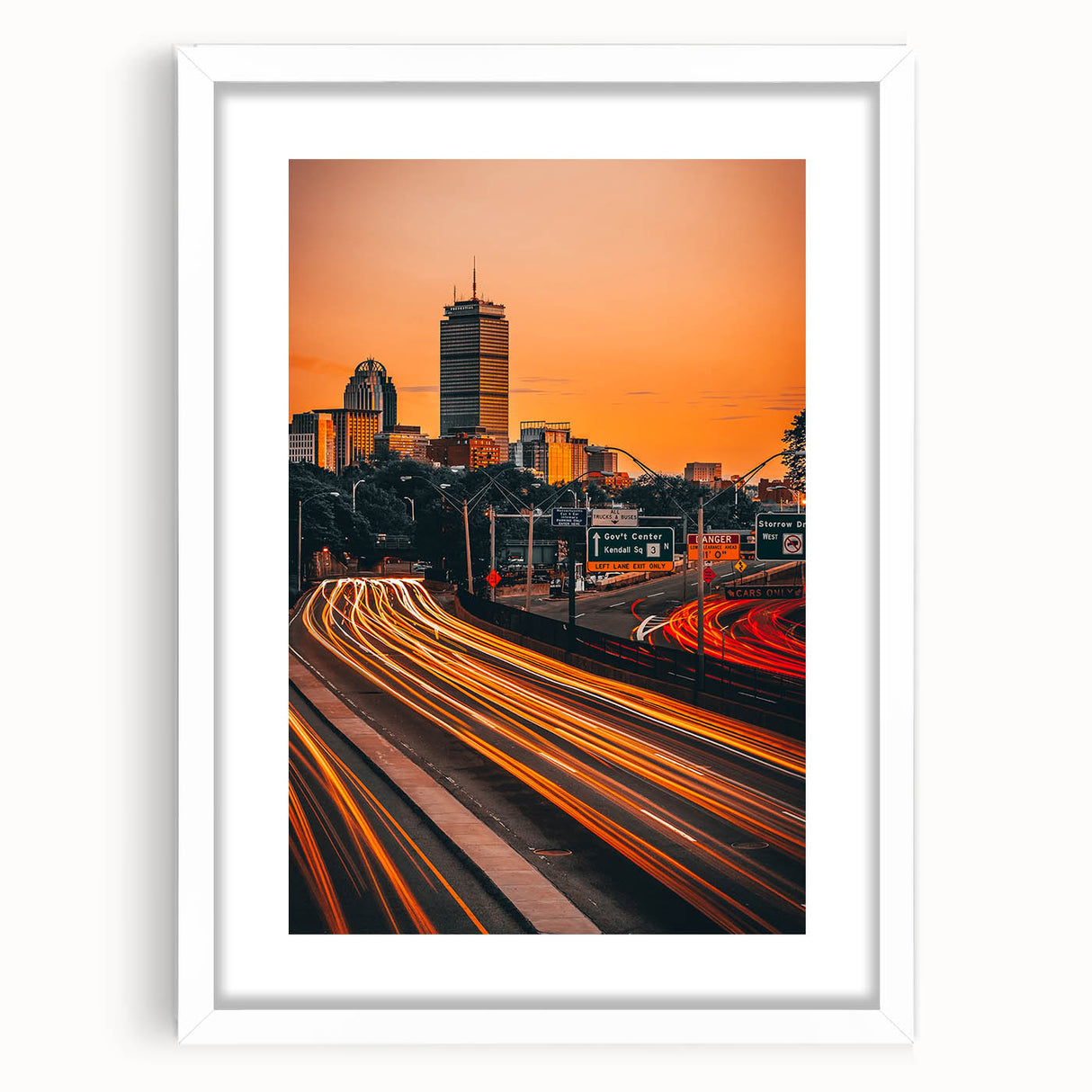Abstract art print of Boston skyline in muted gray and blue tones on a framed white mat, ideal for dining room decor.