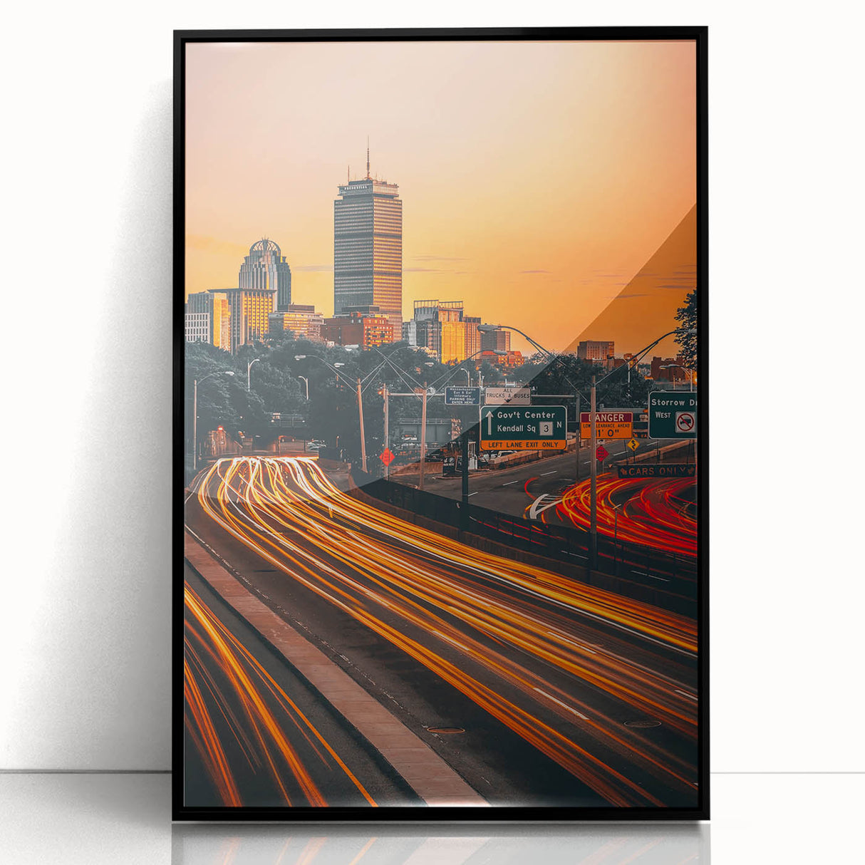 Large abstract wall art depicting Boston's skyline in muted gray and blue tones on a framed acrylic.