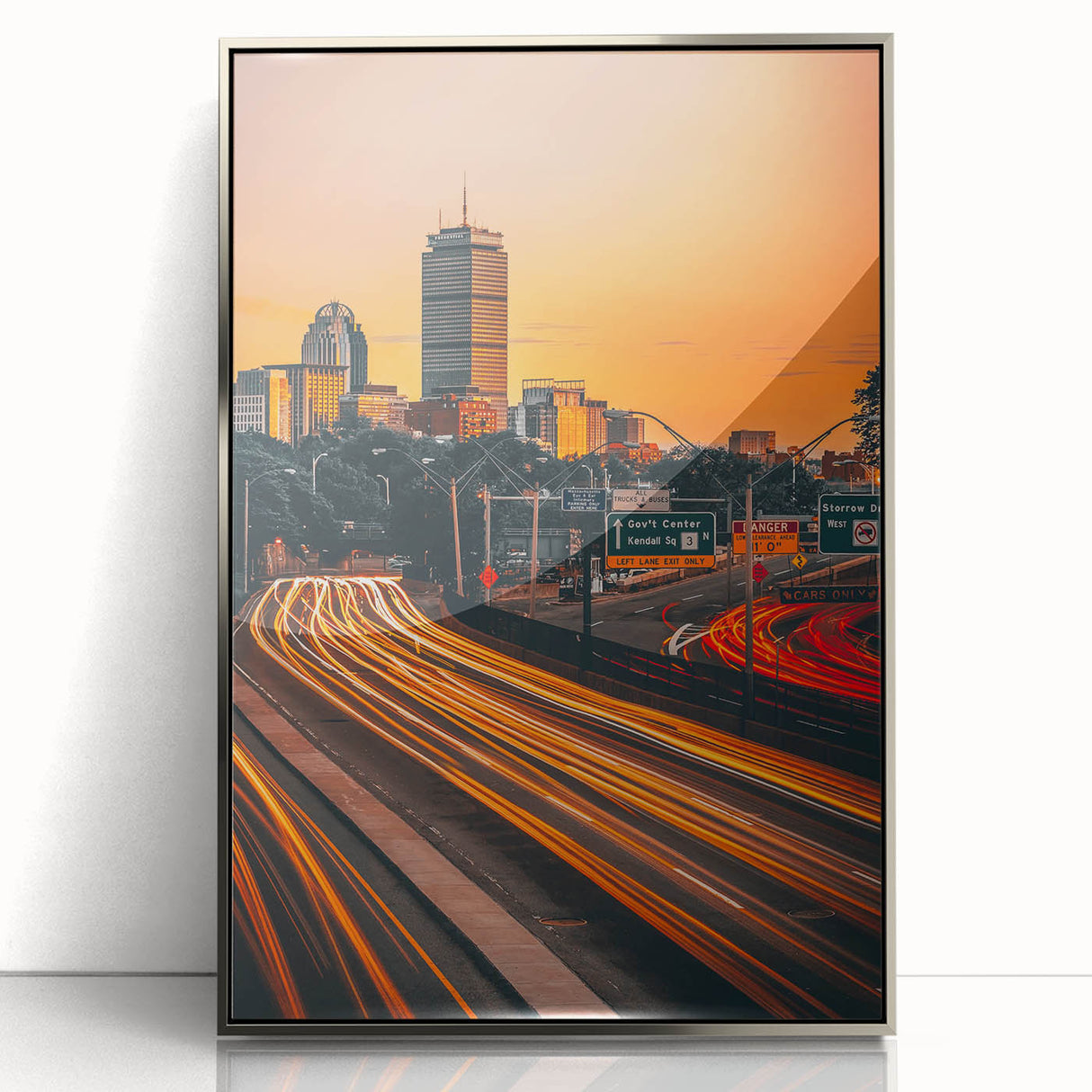 Mid-century modernist art depicting Boston skyline in muted blue and silver tones on framed acrylic.