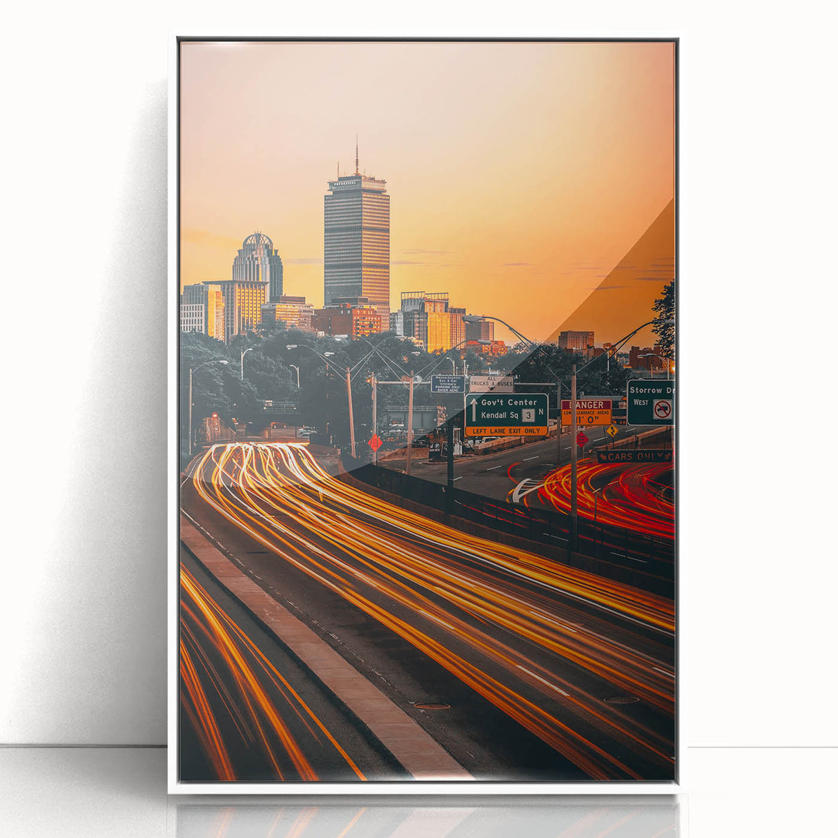 Acrylic print of Boston skyline with subdued gray and blue tones, framed in white, suitable for modern art wall decor.