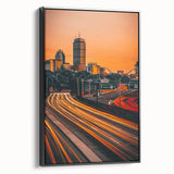 Black and white framed canvas of Boston landscape, vintage poster art style, suitable for bedroom decor.