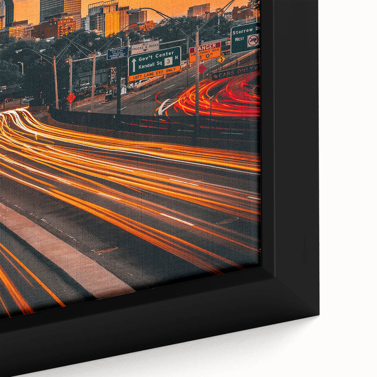 Framed canvas featuring a textured depiction of the Boston skyline with black and colorful art elements.