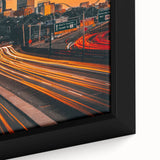 Framed canvas featuring a textured depiction of the Boston skyline with black and colorful art elements.