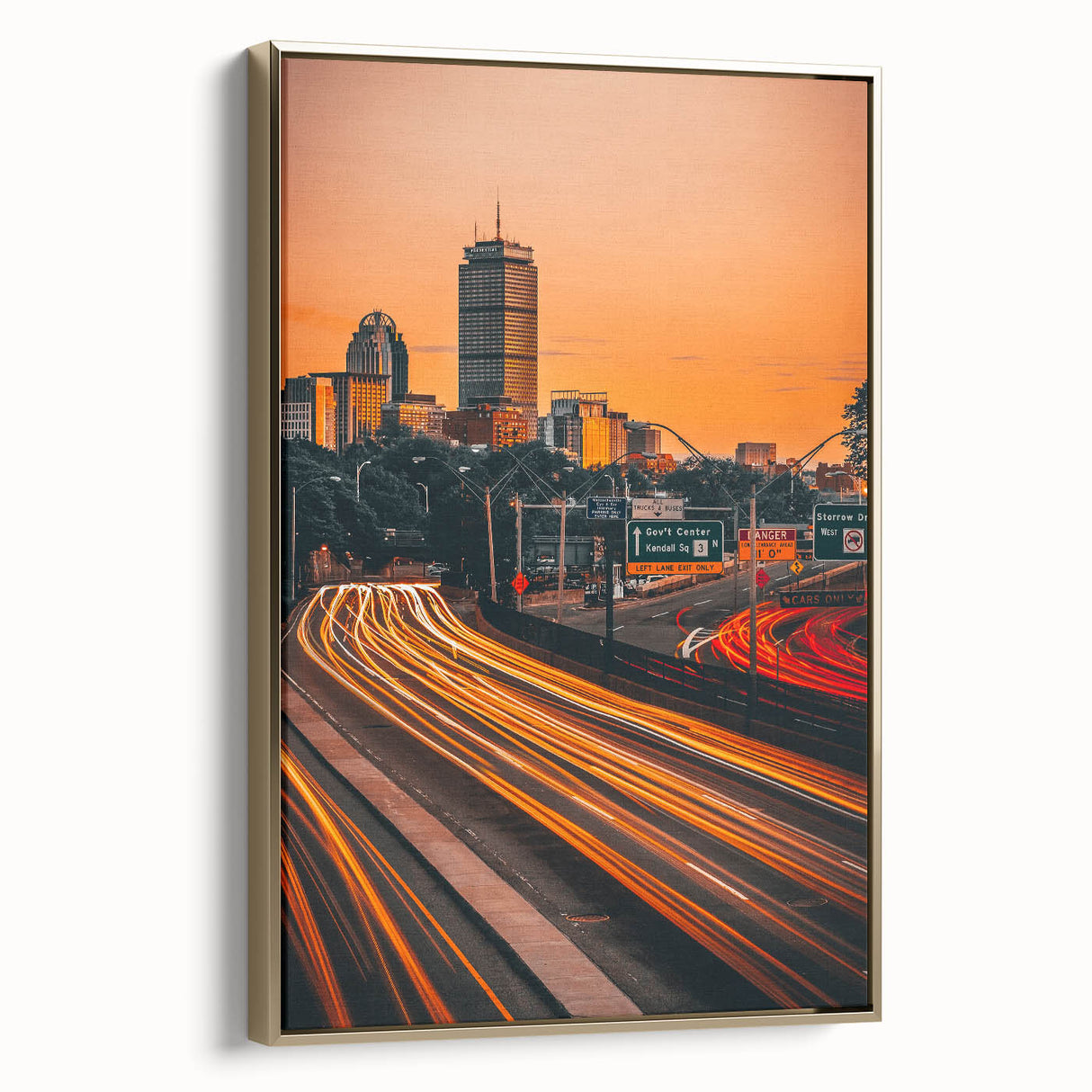 Framed canvas showcasing a vintage-style landscape painting of Boston, using a black and gold color palette.