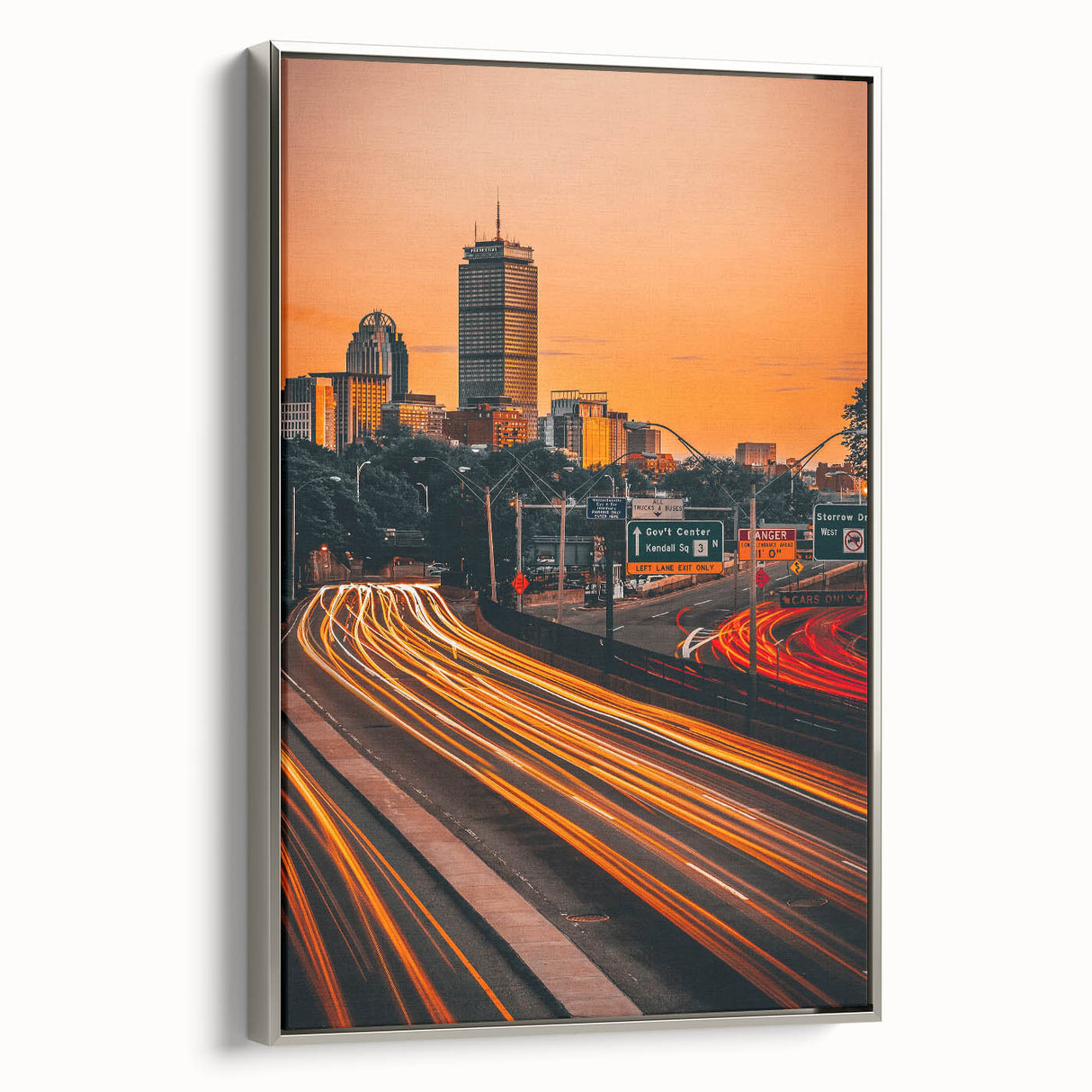 Framed canvas landscape art painting of Boston with colorful sky and black foreground, ideal for office decor.