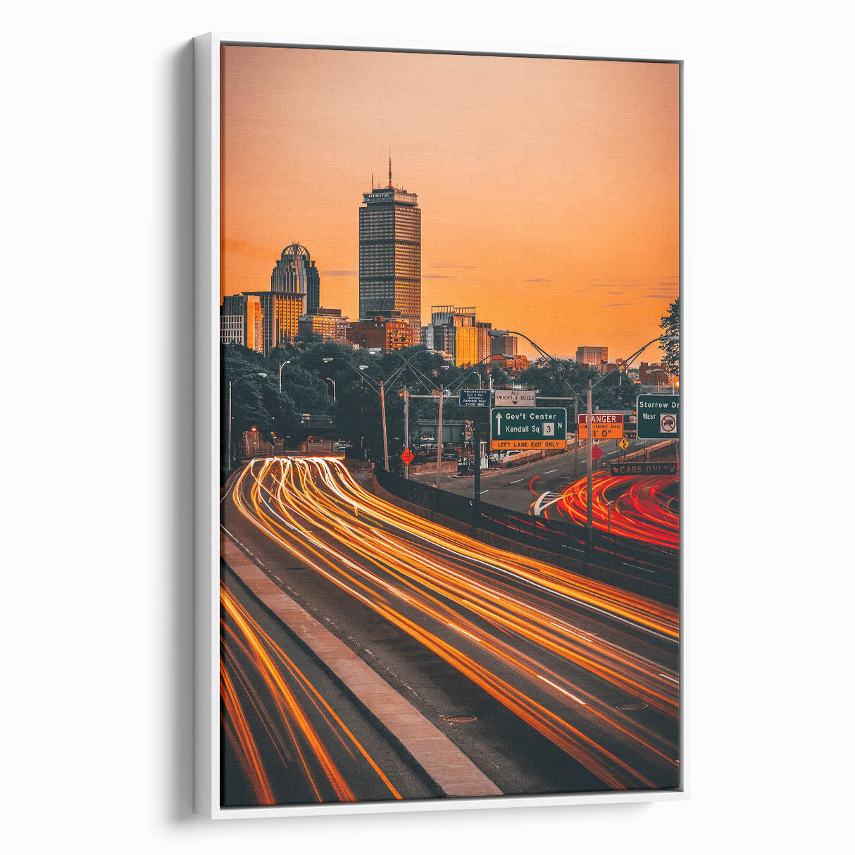 Vintage poster art of Boston skyline in colorful hues on a framed canvas, ideal for living room decor.