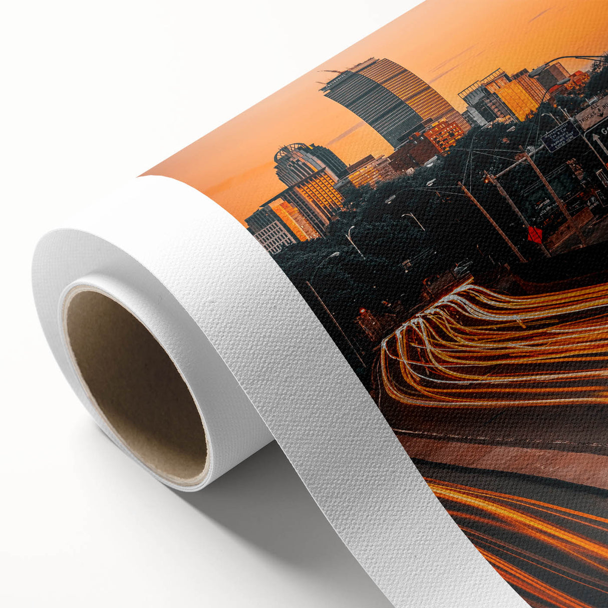 Art deco poster of Boston skyline in muted blue and gold tones on rolled canvas.
