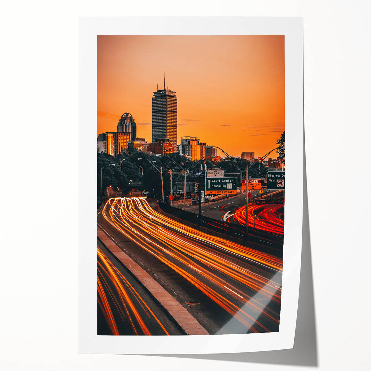 Rolled print of Boston skyline in muted blue and gray tones on canvas, suitable for art wall dining room.