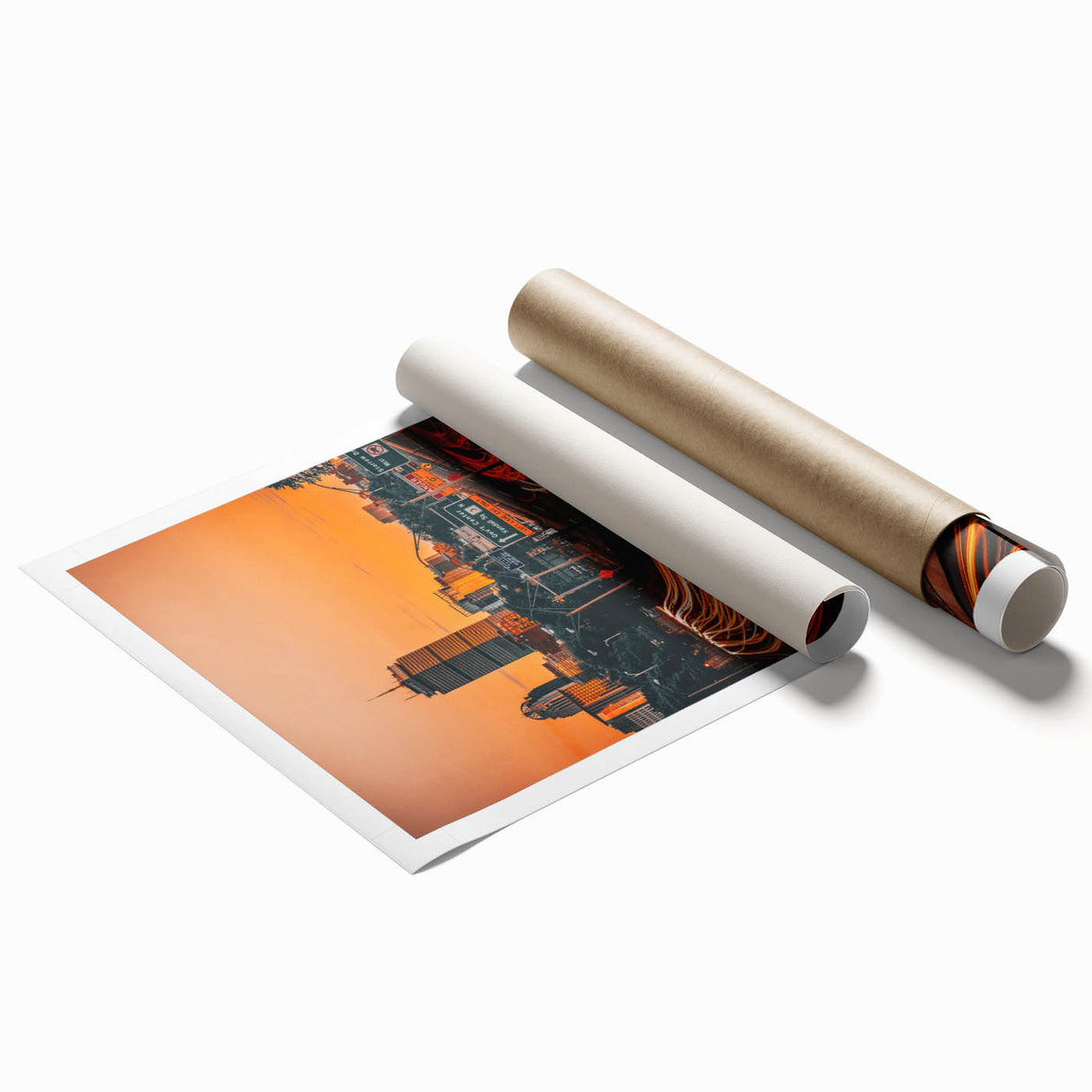 Rolled print of a Boston skyline with muted blue and grey tones, ideal for classy bathroom wall art.
