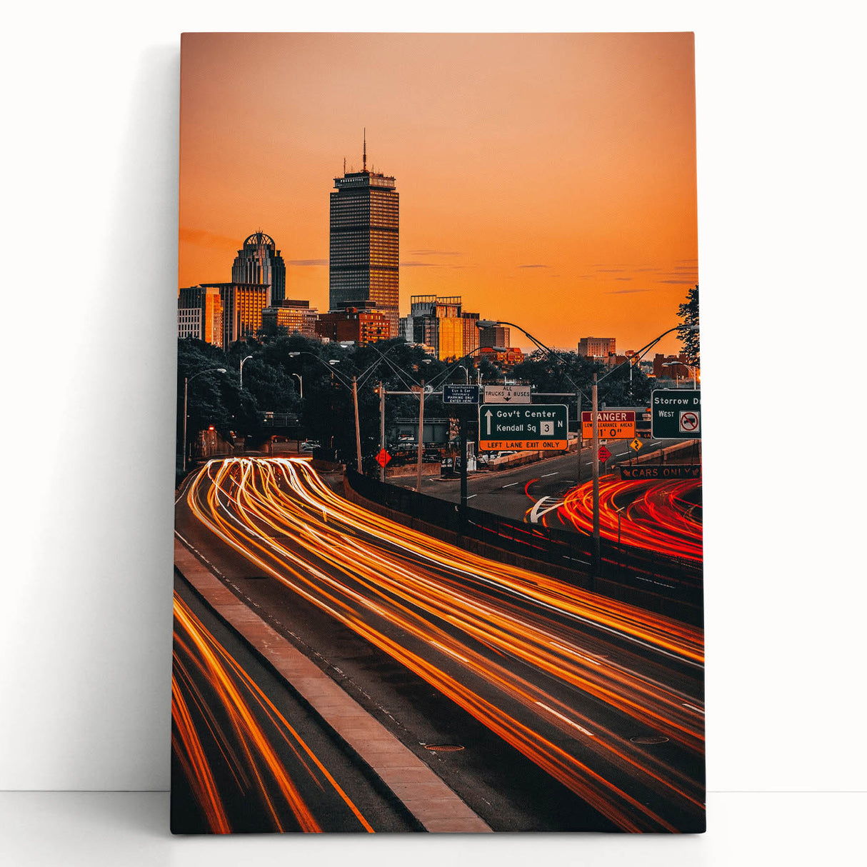 Black and white photo of Boston skyline on large stretched canvas, ideal for kitchen wall art.