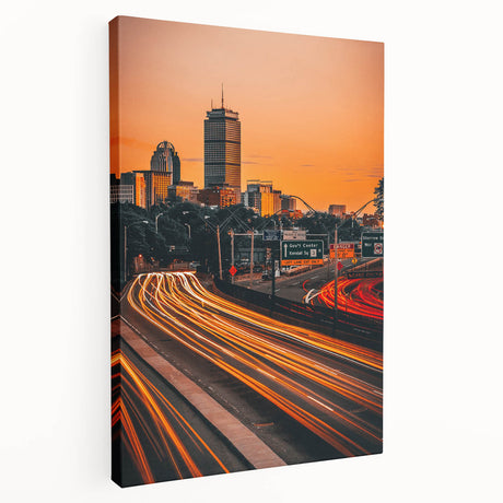 Large art depicting the Boston skyline in muted blues and grays on stretched canvas, suitable for kitchen wall decor.