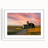 Abstract art print of Cape Cod in pastel blue and green shades on a framed white mat.