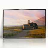 Mid-century modernist art depicting Cape Cod, Massachusetts in muted blue and green tones on a silver-framed acrylic print.