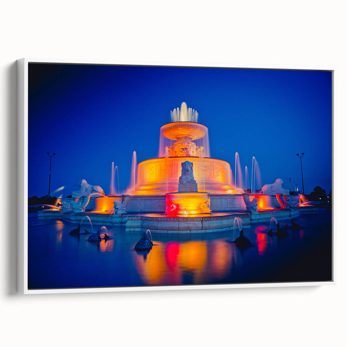 Vintage poster art of Detroit skyline in vibrant colors on a large framed canvas, ideal for living room decor.