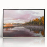 Framed acrylic print of a mid-century modernist Michigan Upper Peninsula scenery in silver tones.