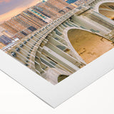 Art deco poster of Minneapolis skyline in muted blue tones on a rolled canvas, suitable for dining room decor.