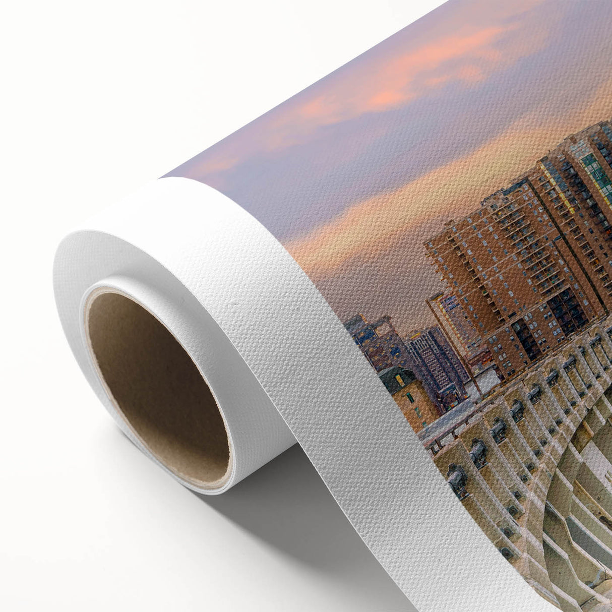 Art deco poster of Minneapolis skyline in pastel shades on rolled canvas, suitable for nursery wall art or dining room decor.