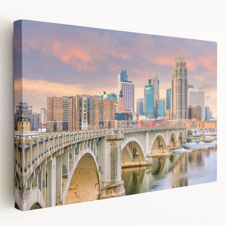 Side view of a stretched canvas featuring a muted color Minneapolis skyline, ideal for kitchen wall art.