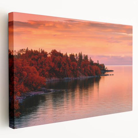 Side view of a large stretched canvas depicting a serene Minnesota landscape, ideal for kitchen wall art.