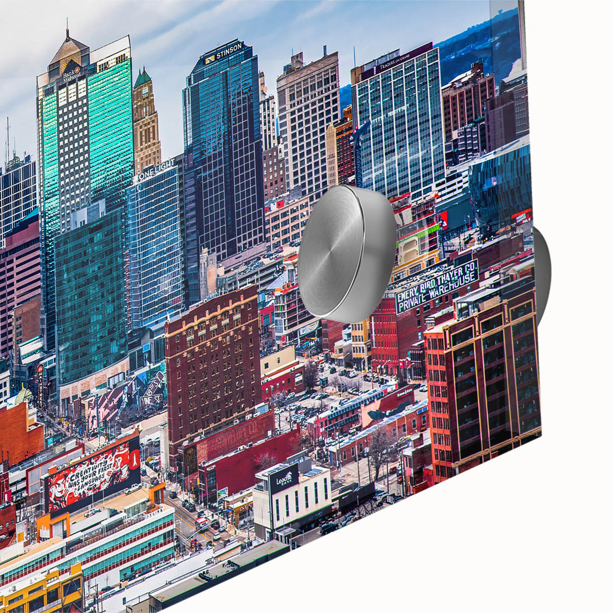Large abstract depiction of Kansas City in muted earth tones on acrylic glass, ideal for dining room art.